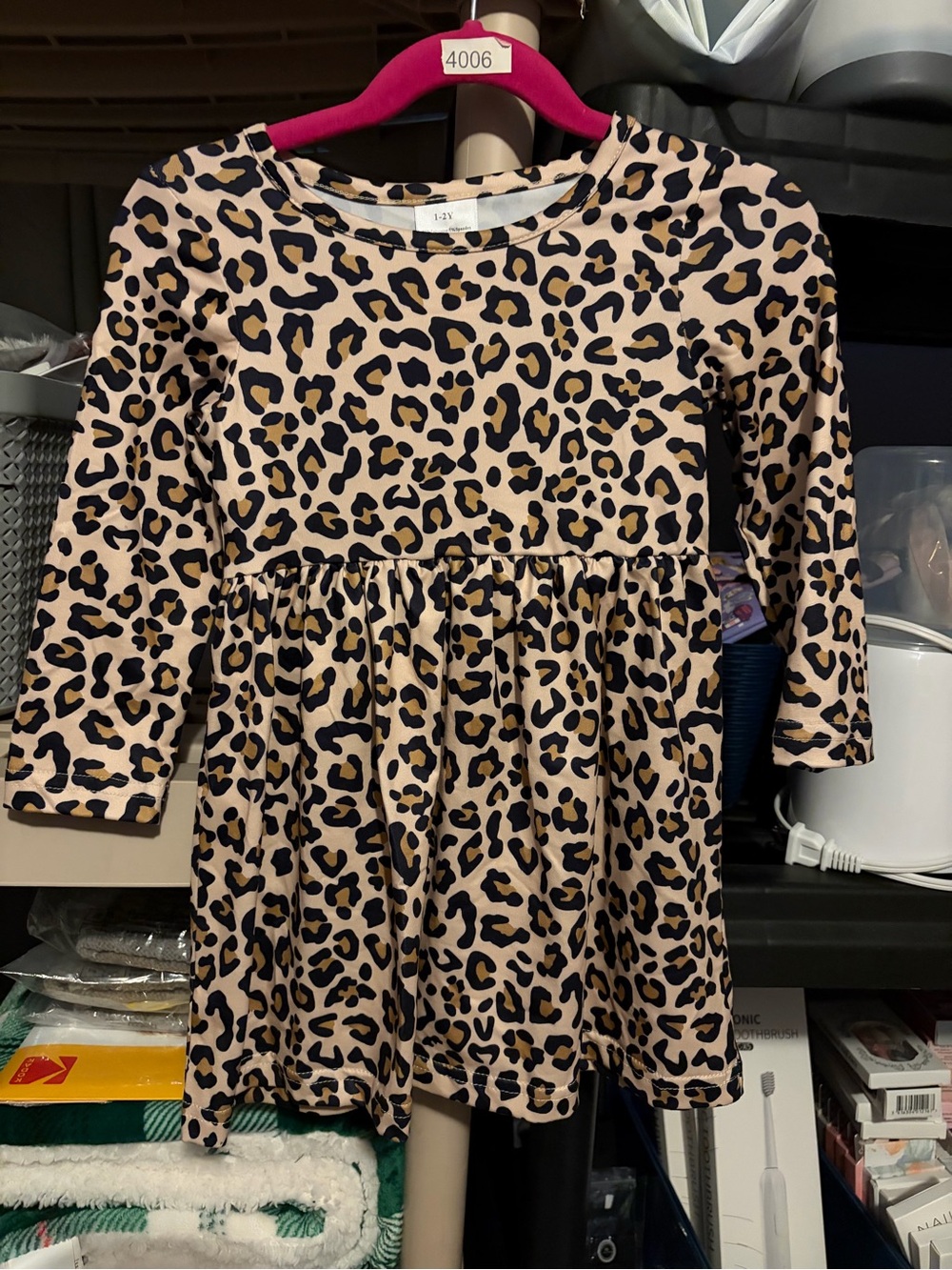 Girls Leopard Print Long Sleeve Dress - Tan/Black